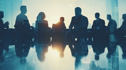 Double exposure image of many business people conference group meeting on city office building in background showing partnership success of business deal. Concept of teamwork, trust and agreement.