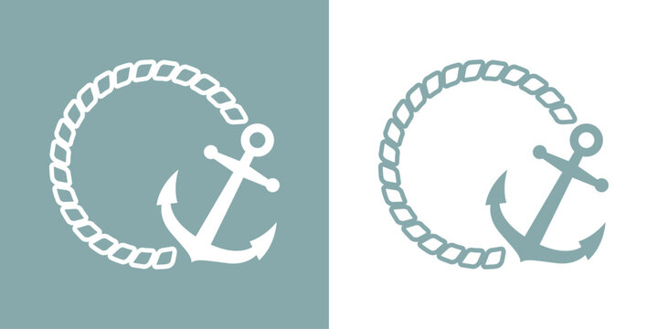 Logo nautical. Silueta de ancla de barco con marco redondo de cuerda