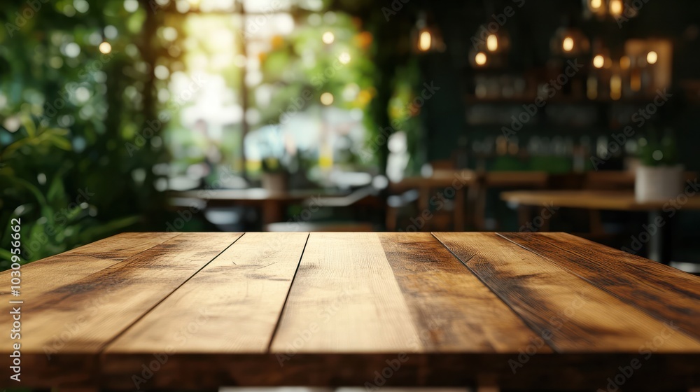 Aufkleber empty rustic wood table and blurred soft light table in restaurant with bokeh background. product di