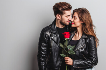 Handsome Man in Black Leather Jacket with Girlfriend Holding Rose, Gazing into Each Other's Eyes – Valentine's Day, Generative AI