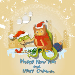 Illustration of the New Year and Christmas a snake and an owl in Santa hats in a circle of snowflakes and a city in the background
