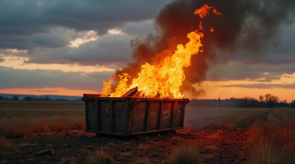 Raging Dumpster Fire in Open Field at Sunset - Symbolic Flames and Rural Destruction with American Flag Sticker