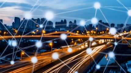 A futuristic city skyline glowing with AI-driven traffic control systems, smart streetlights, and integrated surveillance, symbolizing smart city innovations