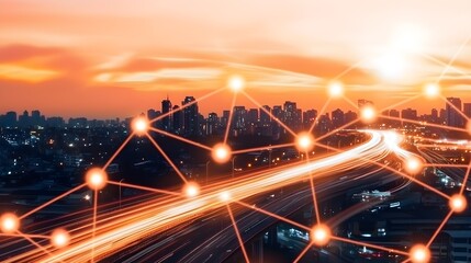 A futuristic city skyline glowing with AI-driven traffic control systems, smart streetlights, and integrated surveillance, symbolizing smart city innovations