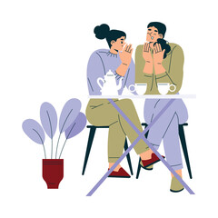 Woman in the Cafe Sitting at Table Enjoy Drink and Communicate Vector Illustration