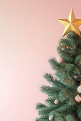 Partial view of Christmas tree with star on pink background.