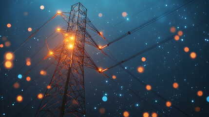 High voltage electric transmission tower with glowing current lines at night, representing renewable energy  