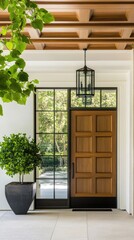 This classy modern farmhouse entrance showcases an aluminum-framed door with sleek black glass, white walls, wood accents, and beautifully arranged light grey floor tiles