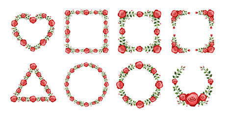 Elegant red rose floral frames for wedding invitations, romantic borders and greeting card designs