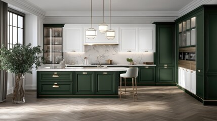 This sophisticated kitchen features a dark gray island with a white marble top, accented by gold hardware, and a lush green plant adds a vibrant touch to the chic design