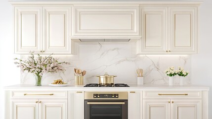 This inviting kitchen showcases light beige cabinets and white marble tiles, complete with a gas stove, decorative pots, and a lovely flower vase on the countertop