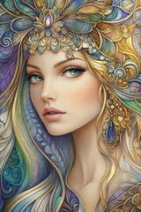 Stunning young woman with a captivating expression adorned in intricate jewelry against a vibrant patterned background