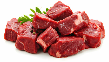 Large pieces of fresh red beef meat, isolated on a white background, ideal for culinary displays or butchery  