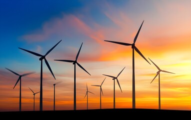 Fototapeta premium A vast wind farm on the horizon at sunset, with turbines silhouetted against the glowing sky