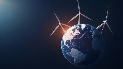 Naklejka premium Abstract globe surrounded by spinning wind turbines and solar rays, symbolizing global efforts in renewable energy transition