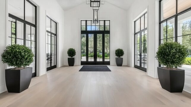 A charming farmhouse-style entrance showcases black double doors flanked by potted topiaries and vibrant white flowers, creating an inviting first impression