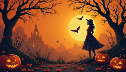 Halloween greeting with pumpkin lantern, scary cobweb on wall. October card for spooky party, dark house in background art.