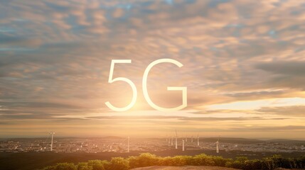 5G Symbol Over Sunset Cityscape with Wind Turbines