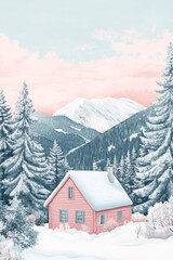Charming pink cabin nestled in snowy mountains under a pastel sky.