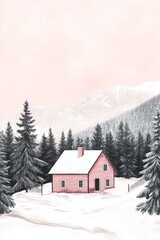 Fototapeta premium Cozy pink house nestled in snowy forest landscape, creating a serene winter atmosphere.
