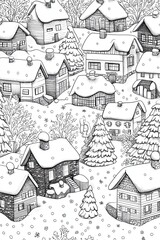 Fototapeta premium A cozy winter village coloring book page featuring snow-covered homes and festive trees for holiday fun