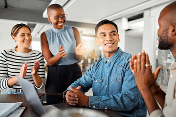 Business, man and applause for meeting in office with laptop email, promotion success and project...