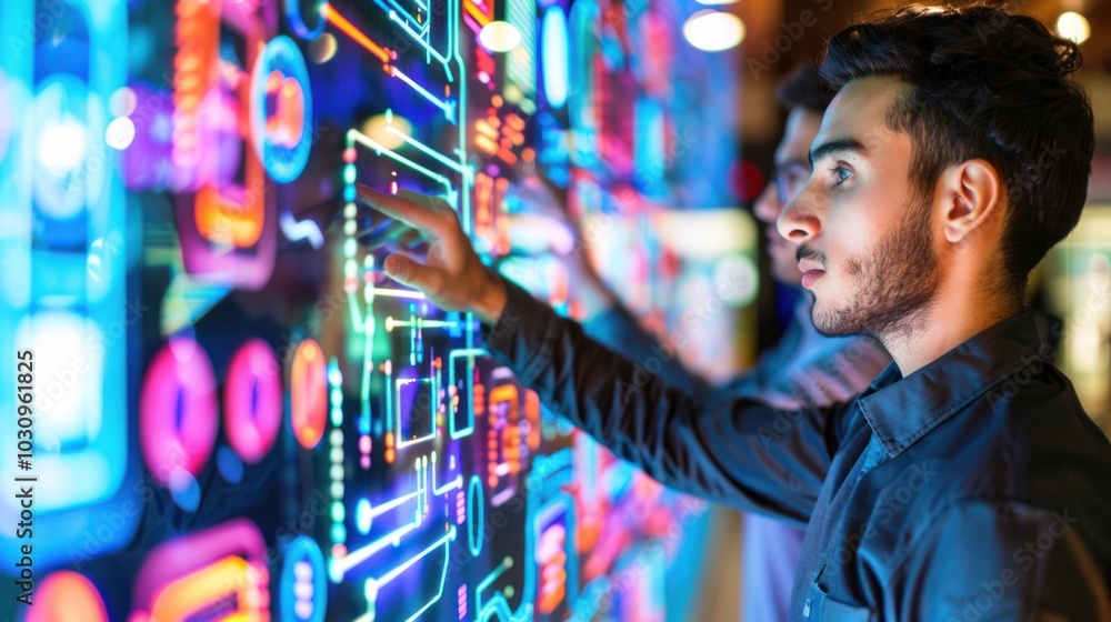 Poster man interacting with a colorful digital interface