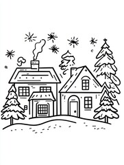 Cozy winter cottages surrounded by trees and snowflakes, perfect for holiday cheer.