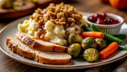 Thanksgiving Dinner: Turkey, Mashed Potatoes, Brussels Sprouts, and Cranberry Sauce!