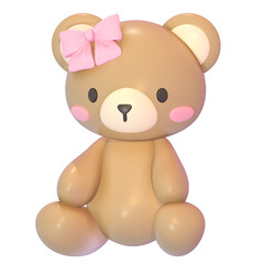 Cute 3d teddy bear with pink bow kawaii illustration