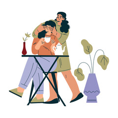 Woman in the Cafe Sitting at Table Enjoy Drink and Communicate Vector Illustration