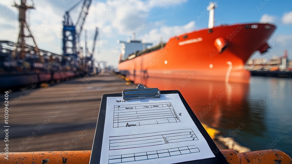 Poster document on clipboard with large red cargo ship in the background at a busy dock.