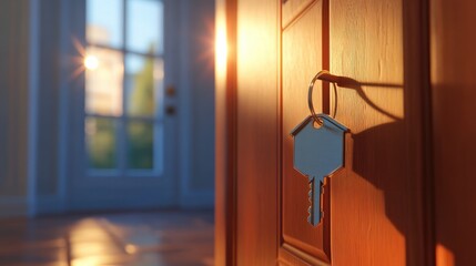 Open door to a new home with key and home shaped keychain. Mortgage, investment, real estate, property and new home concept