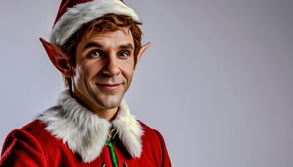Cheerful Elf Dressed in Festive Attire Posing Against a Simple Background During the Holiday Season