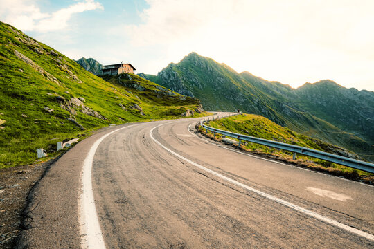Fagaras mountains with Transfagarasan serpentine road in Sibiu County, Romania. Tansfaragasan road in the carpathian mountains. Top view