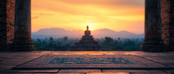 Obraz premium A serene sunset view featuring a Buddha statue framed by ancient pillars, with mountains in the background adding tranquility to the scene.