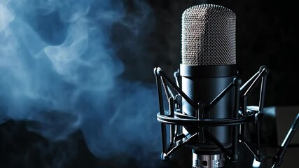 A professional microphone is ready to record in a studio setting with a dramatic, smoky background - Powered by Adobe