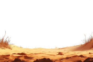 A serene desert landscape featuring golden sand dunes extending into the distance under a clear white sky.