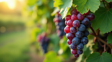 Naklejka premium Fresh Purple Grapes on Vibrant Green Background and Wine Grapes in Vineyard for Healthy Living and Agricultural Concepts