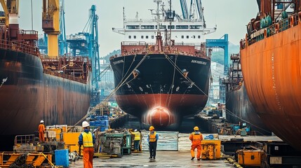 Industrial scene of workers in hard hats overseeing ship maintenance at a busy dock.