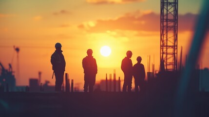 Silhouette of engineer and construction team working at site over blurred background sunset pastel for industry background with Light fair.