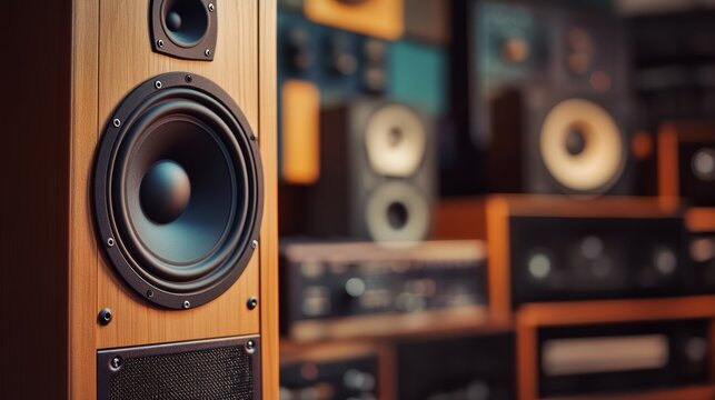 Wooden speaker in focus amidst vintage audio equipment, creating a warm, nostalgic mood.