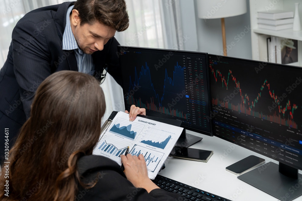 Poster two business traders discussing value business statistic graph company on paper report analyzing wit