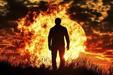 Fototapeta premium Fahrenheit: Man Silhouette Embracing Flames Against Sunset Sky