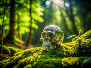 Transparent Crystal Skull in Jungle - Mystical Natural Ambiance Photography