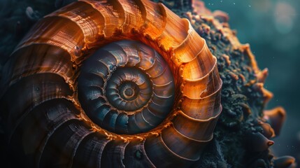 Fototapeta premium Abstract art piece featuring a nautilus shell, with a focus on its fibonacci spiral. The shell's natural beauty is a stunning focal point in this art piece.