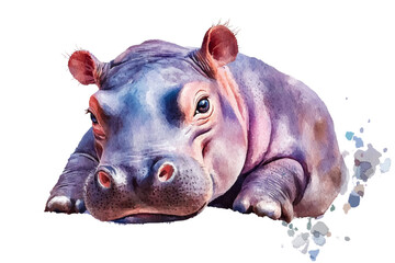 Fototapeta premium A cute hippo lounging peacefully, showcasing its smooth skin and playful features against a white isolated background.