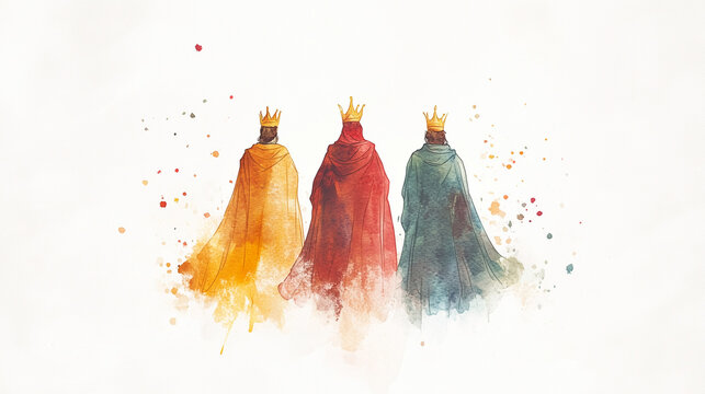 Watercolor illustration of the three wise men on their backs, perfect design for festive stationery and Christmas artwork
