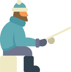 Fototapeta premium Fisherman wearing warm clothes sitting on a block of ice and holding a fishing rod