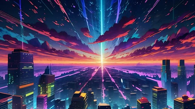 Futuristic urban animation of a cyberpunk cityscape with high skyscrapers, featuring a watercolor painting style. Cityscape animation with a pillar of light shoots out of the sky. AI-generated video